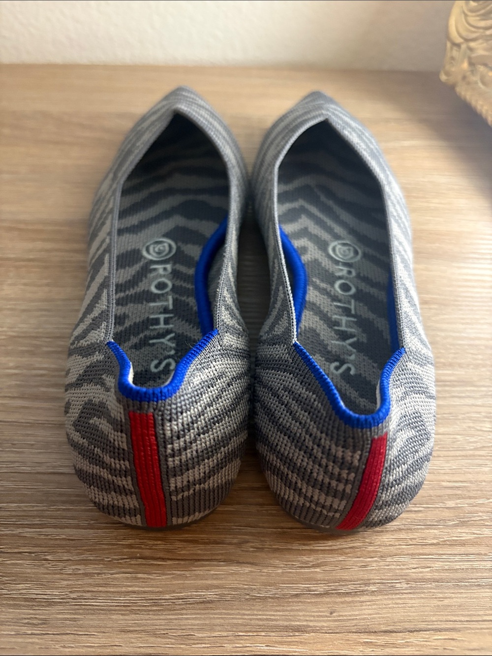 Rothy's Gray Pointed Knit Ballet Flats with Blue Trim - Picture 4 of 6